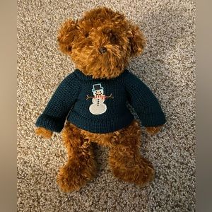 2023 Commonwealth Teddy Bear Soft Curly Brown Fur w/ Green Belk Snowman Sweater